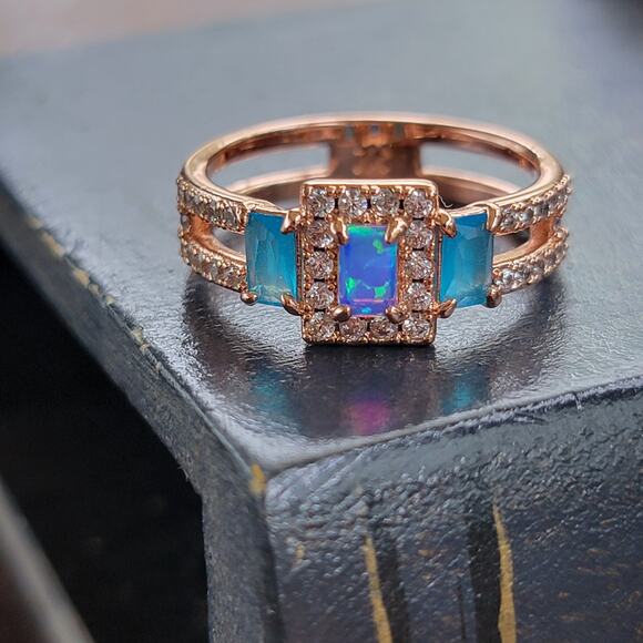 Rose Gold Plated Ring with Simulated Opal and Blue Stones - Size 9 - Picture 4 of 11